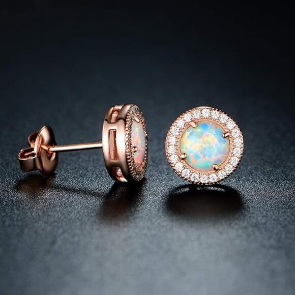 Neiman Marcus  Rose Gold Plated Plated Created Opal Halo Earrings - Picture 4 of 4